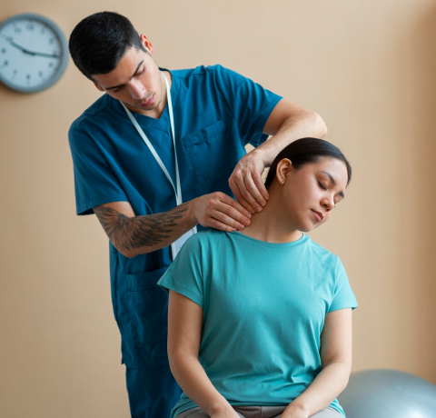 medical staff checking neck of female patient