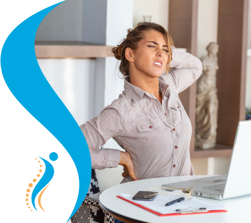 woman sitting at desk with back pain