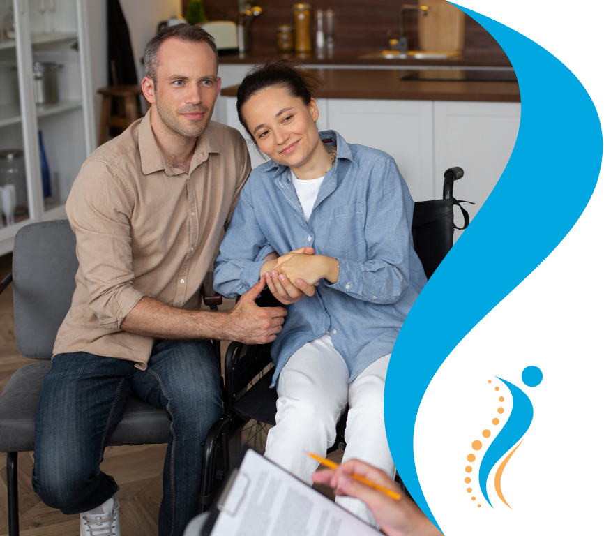 Woman in wheelchair accompanied by man